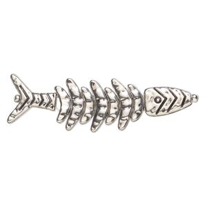 Bead, antique silver-finished "pewter" (zinc-based alloy), 69.5x19.5mm fish. Sold per 9-piece set.