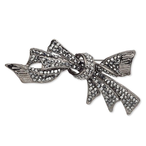 Brooch, glass rhinestone and gunmetal-finished "pewter" (zinc-based alloy), metallic black, 2-3/4 x 1-1/2 inch bow. Sold individually. image number 0