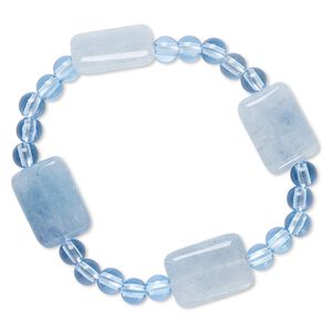 Bracelet, stretch, quartz (dyed) and acrylic, blue, 5mm round and 18x13mm flat rectangle, 6-1/2 inches. Sold individually.