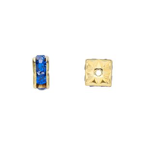 Bead, glass rhinestone and gold-finished brass, sapphire blue, 8x4mm squaredelle. Sold per pkg of 10.