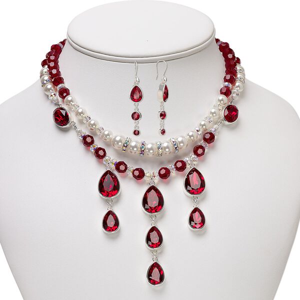 Necklace and earring set, One of a Kind Jewelry, crystal and glass pearl, Siam / crystal AB / white, 16 inches. Only one available. image number 0