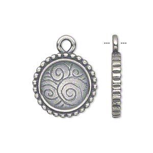 Drop, JBB Findings, antique silver-plated pewter (tin-based alloy), 18.5mm single-sided flat round frame with beaded edge and swirled background, 14mm round setting. Sold individually.
