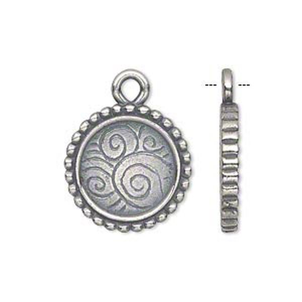 Drop, JBB Findings, antique silver-plated pewter (tin-based alloy), 18.5mm single-sided flat round frame with beaded edge and swirled background, 14mm round setting. Sold individually. image number 0