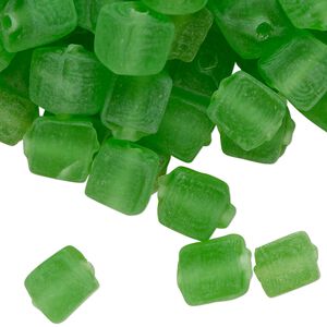 Bead, lampworked glass, translucent frosted green, 9mm cube. Sold per 4-ounce pkg, approximately 95 beads.