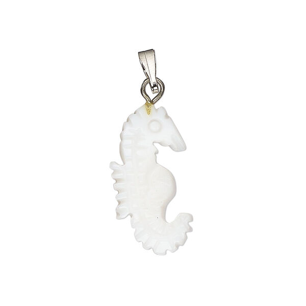 Pendant, mother-of-pearl shell (bleached) / antique silver-finished "pewter" (zinc-based alloy) / steel, 20x10mm-22x12mm single-sided carved seahorse. Sold individually. image number 0