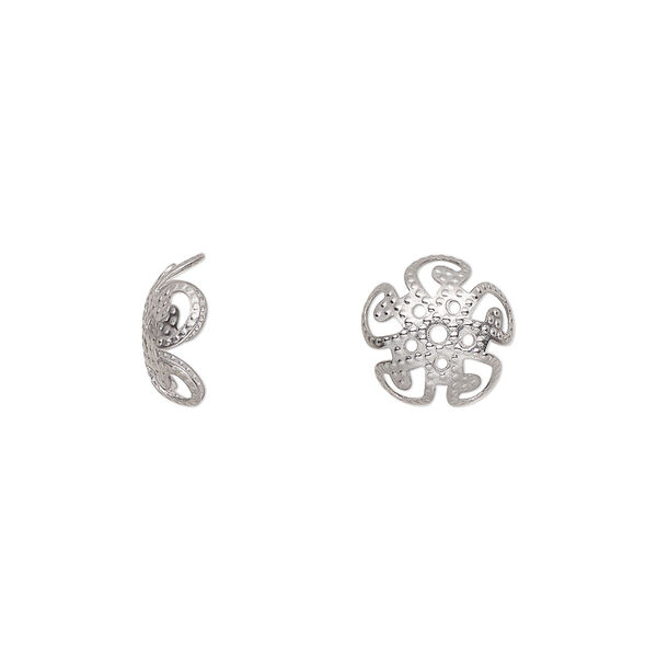 Bead cap, stainless steel, 10x4mm flower with open filigree design. Sold per pkg of 50. image number 0
