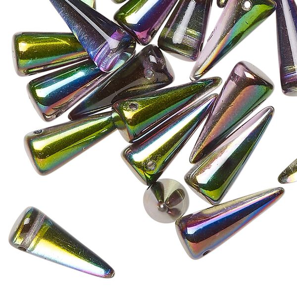 Bead 30pk translucent clear vitrail green, Preciosa Czech pressed glass 17x7mm top-drilled spike image number 0