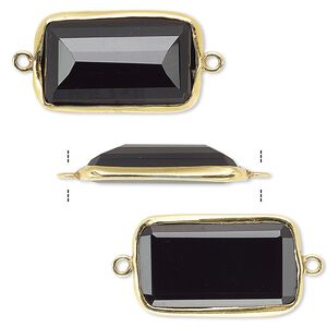 Link, black onyx (dyed) and gold-finished sterling silver, 22x13mm two-sided faceted rectangle. Sold per pkg of 2.