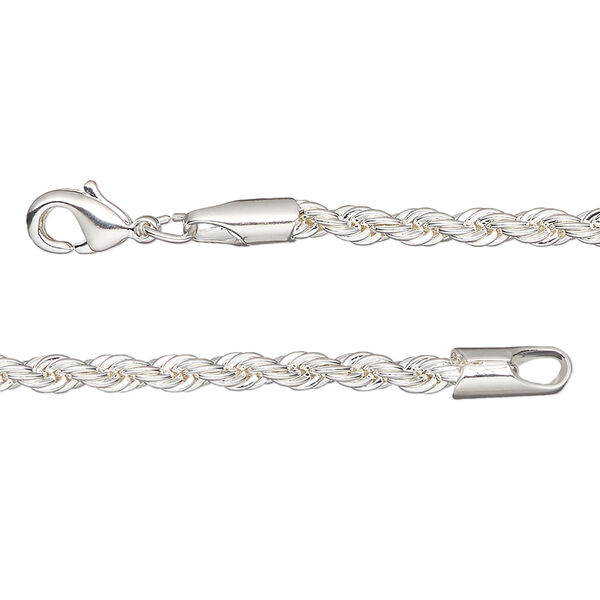 Chain, silver-plated brass, 3mm rope, 24 inches with lobster claw clasp. Sold individually. image number 0