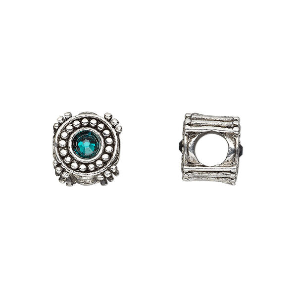Bead, Dione®, antique silver-plated pewter (tin-based alloy) and crystal rhinestone, emerald green, 10mm double-sided round. Sold individually. image number 0