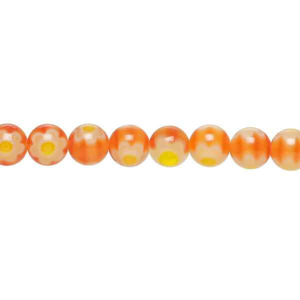 Bead, millefiori glass 1pkg1, translucent red-orange / yellow / white, 6mm round, 15 inches. image number 0