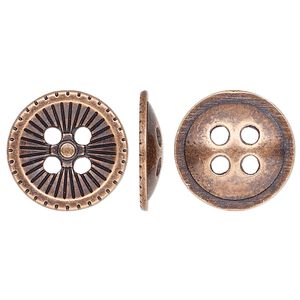 Button, antiqued copper-finished "pewter" (zinc-based alloy), 18mm single-sided corrugated round. Sold per pkg of 20.