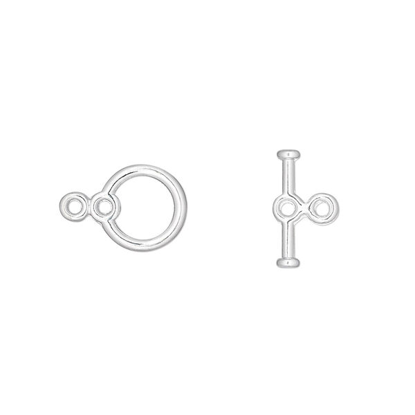 Clasp, toggle, silver-plated "pewter" (zinc-based alloy), 9mm round with double loops. Sold per pkg of 10. image number 0
