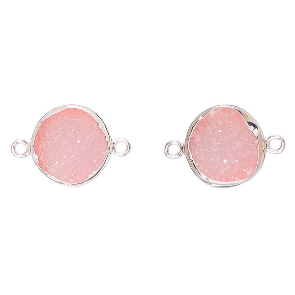 Link, druzy agate (dyed) and sterling silver, pink, 12mm single-sided round. Sold per pkg of 2. image number 0
