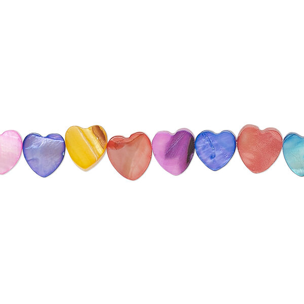 Bead, freshwater pearl shell (dyed), mixed colors, 6mm flat hand-cut heart, Mohs hardness 3-1/2. Sold per 15-1/2" to 16" strand. image number 0
