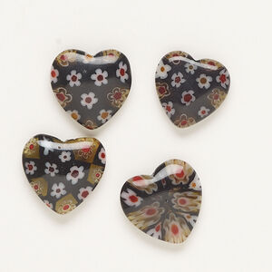 Bead, millefiori glass, black and translucent multicolored, 18-20mm half-drilled puffed heart. Sold per pkg of 4.