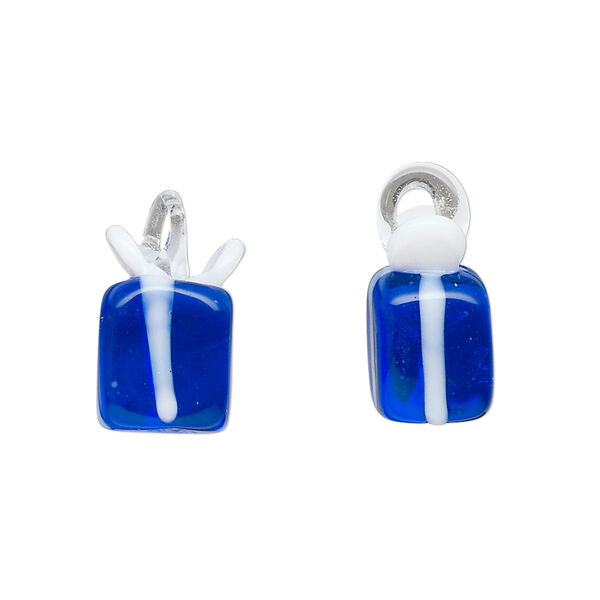 Drop, lampworked glass, opaque and translucent blue and white, 13x10mm-15x12mm present. Sold per pkg of 2. image number 0