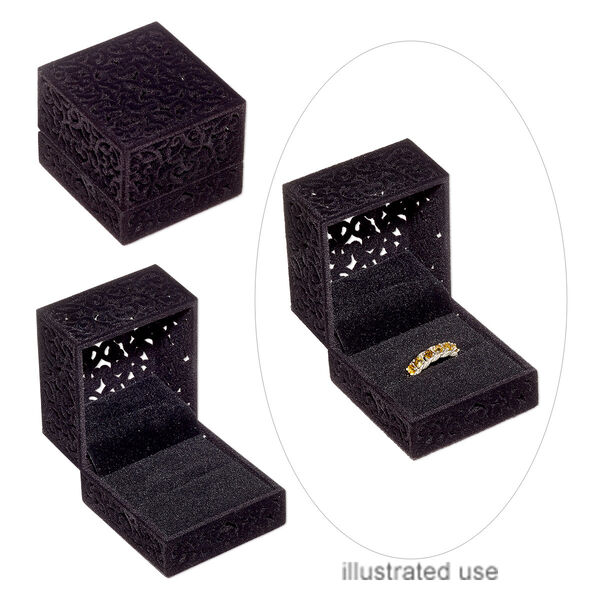 Box, ring, flocked and padded velveteen / acrylic / steel, black, 2-3/8 x 2-1/4 x 1-8/9 inch hinged rectangle. Sold individually. image number 0