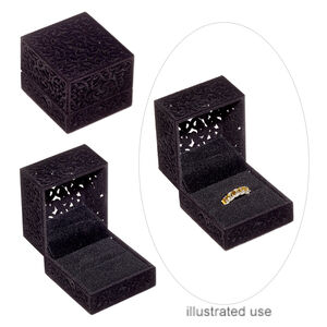 Box, ring, flocked and padded velveteen / acrylic / steel, black, 2-3/8 x 2-1/4 x 1-8/9 inch hinged rectangle. Sold individually.