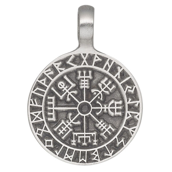 Pendant, Powerful Pewter Pendants, antiqued pewter (tin-based alloy), 41x30mm single-sided round with Viking compass. Sold individually. image number 0