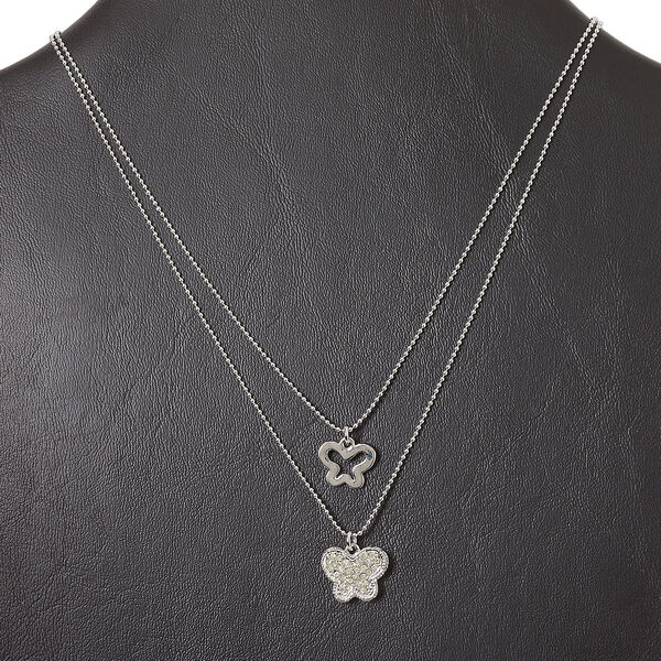 Necklace, 2-strand, rhodium-finished "pewter" (zinc-based alloy) and glass rhinestone, jonquil, 14x11mm open butterfly and 15x12mm butterfly, 15" to 16" necklace with lobster claw clasp and 3-inch extender chain. Sold individually. image number 0