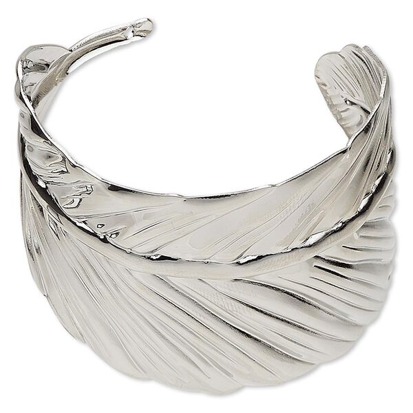 Bracelet, cuff, silver-plated steel, 52mm wide with leaf design, 7 inches. Sold individually. image number 0