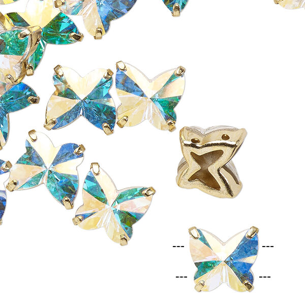 Sew-on 1pk crystal AB gold plate, Preciosa Czech crystal 10mm spacer butterfly image number 0
