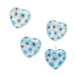 Bead, millefiori glass, clear / translucent sky blue / multicolored, 18-20mm half-drilled puffed heart. Sold per pkg of 4.
