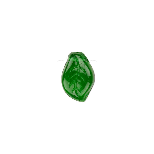 Bead, Czech pressed glass, emerald green, 14x9mm top-drilled leaf. Sold per 15-1/2" to 16" strand, approximately 60 beads. image number 0