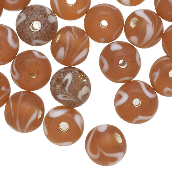 Bead, lampworked glass, translucent brown and white, 10mm round with swirl design. Sold per 2-ounce pkg, approximately 40 beads. image number 0