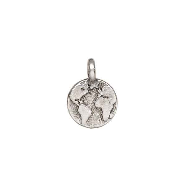 Drop, TierraCast®, antique silver-plated pewter (tin-based alloy), 12mm single-sided round with Earth. Sold per pkg of 20. image number 0