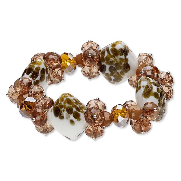 Bracelet, stretch, acrylic / glass / lampworked glass, brown and white, 26mm wide with square, 7 inches. Sold individually. image number 0