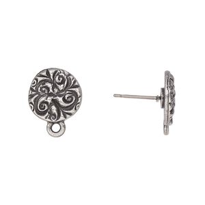 Earstud 1pkg2 TierraCast® pewter (tin-based alloy), 15mm round jardin design / closed loop / Dulce Vida collection, antiqued 1 pair