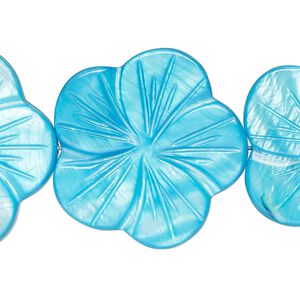 Bead, mother-of-pearl shell (dyed), dark aqua blue, 29x28mm-31x30mm carved flat flower, 0.6-0.8mm hole, Mohs hardness 3-1/2. Sold per 15-inch strand.
