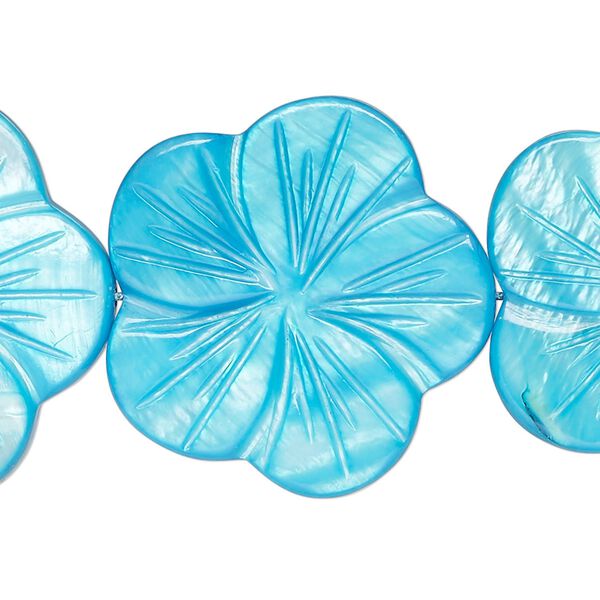 Bead, mother-of-pearl shell (dyed), dark aqua blue, 29x28mm-31x30mm carved flat flower, 0.6-0.8mm hole, Mohs hardness 3-1/2. Sold per 15-inch strand. image number 0