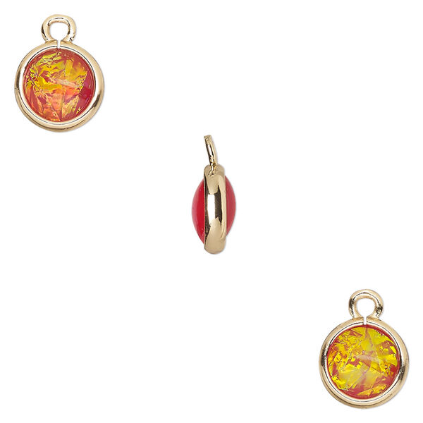 Drop, Opalized Ice™, "opal" (resin) and gold-finished brass, orange, 9.5mm double-sided round. Sold per pkg of 6. image number 0