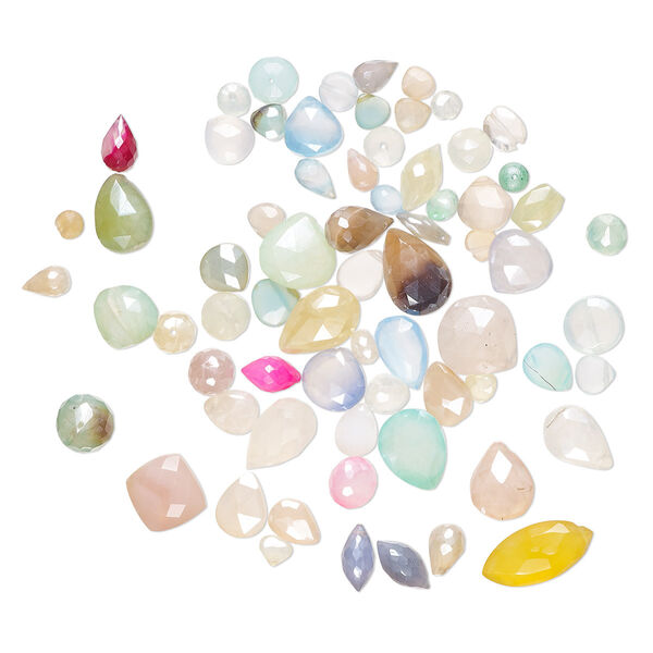 Bead mix, multi-chalcedony (dyed / coated), 5x3mm-15mm hand-cut top- and center-drilled mixed faceted shapes with 0.4-1.4mm hole, B- grade, Mohs hardness 6-1/2 to 7. Sold per 1-ounce pkg, 60-70 beads. image number 0