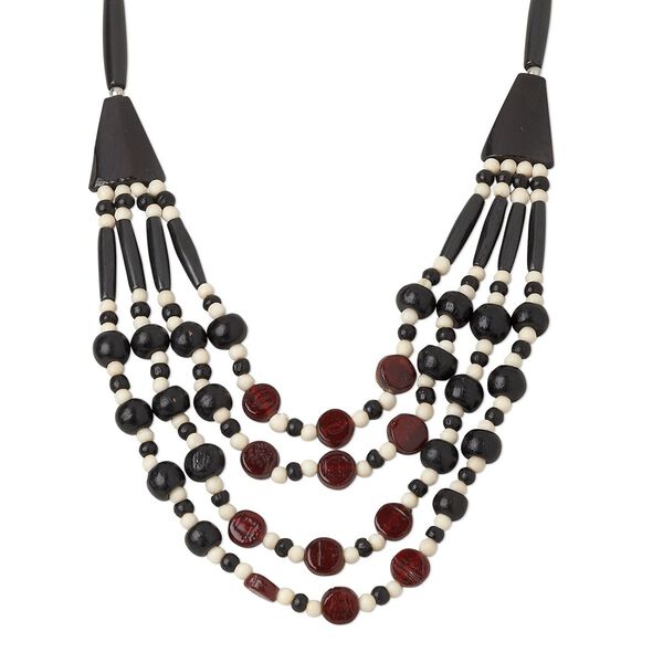 Necklace, 4-strand, bone (bleached / dyed) / glass / silver-finished steel, black / white / red, 4mm-32x7mm multi-shape, 20 inches with lobster claw clasp and 2-inch extender chain. Sold individually. image number 0