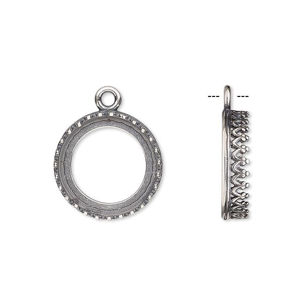 Drop, JBB Findings, antique silver-plated brass, 16mm round with open back and decorative trim, 14mm round bezel setting. Sold per pkg of 2. image number 0