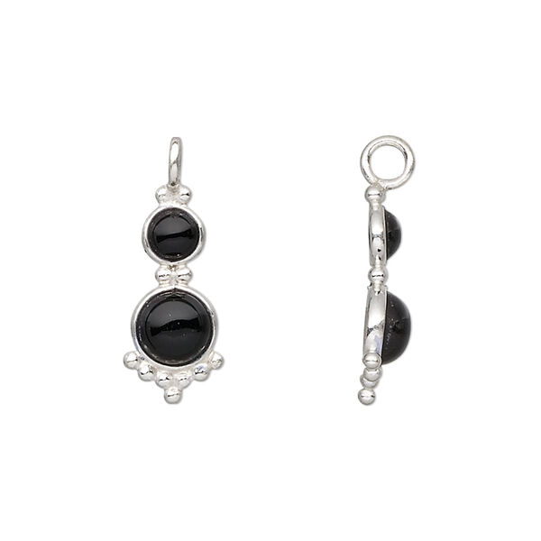 Drop, sterling silver and black onyx (dyed), 21.5x8mm with 4mm and 5mm round cabochons. Sold individually. image number 0