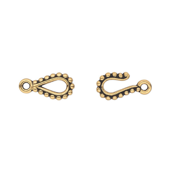 Clasp, TierraCast®, hook-and-eye, antique gold-plated pewter (tin-based alloy), 17x7mm with beaded design. Sold individually. image number 0