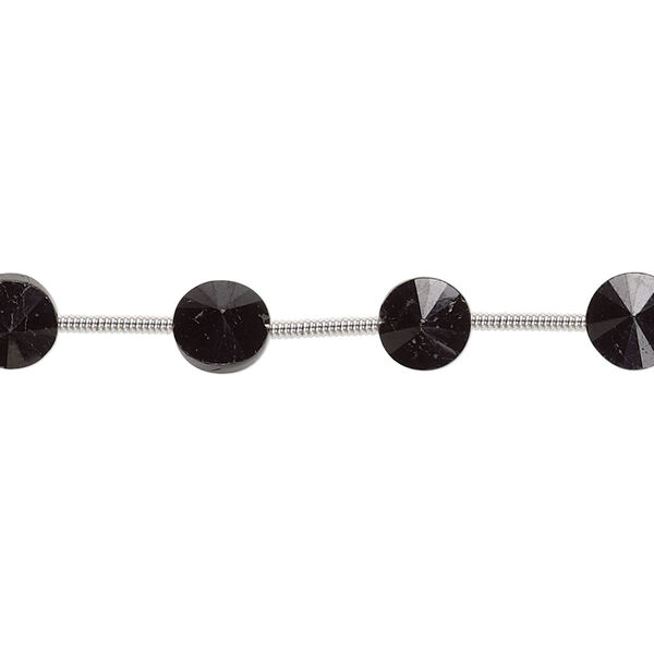 Bead, black spinel (natural), 6-7mm hand-cut faceted flat round, B grade, Mohs hardness 8. Sold per pkg of 14 beads. image number 0