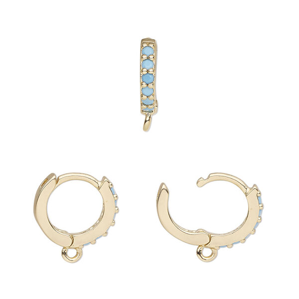 Hoop, gold-finished brass and glass, turquoise blue, 13mm hoop, 17 gauge. Sold per pair. image number 0