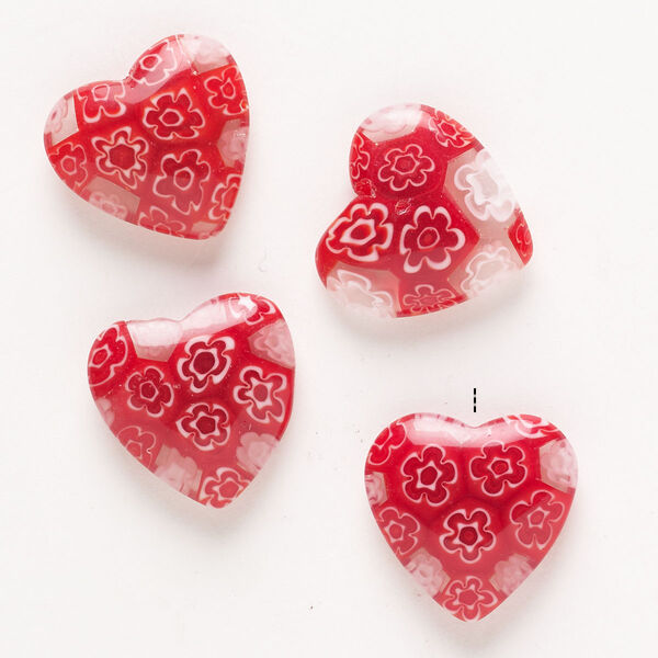 Bead, millefiori glass, pkg/4, translucent red/clear/white, 18-20mm half-drilled puffed heart. image number 0