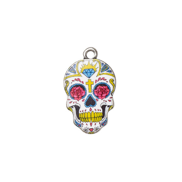 Charm, resin and antique silver-plated "pewter" (zinc-based alloy), white and multicolored, 19x13mm single-sided Dia de los Muertos skull with flower and diamond design. Sold individually. image number 0