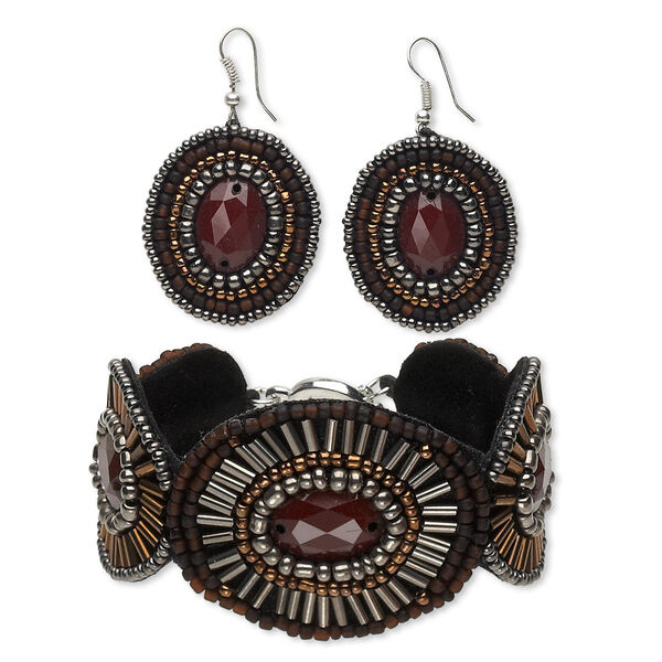Bracelet and earring, Everyday Jewelry, velveteen / glass / acrylic / silver-finished steel / silver-coated plastic, grey / black / brown, 37mm wide, 7-1/2 inches with toggle clasp, 1-1/2 inch earrings with fishhook ear wire. Sold per set. image number 0