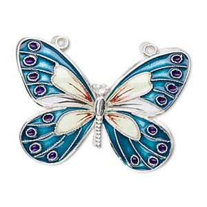 Focal, sterling silver with cloisonné, teal, 36x27mm butterfly. Sold individually.