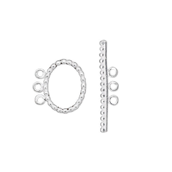 Clasp, 3-strand toggle, sterling silver, 14x11mm dotted oval. Sold individually. image number 0