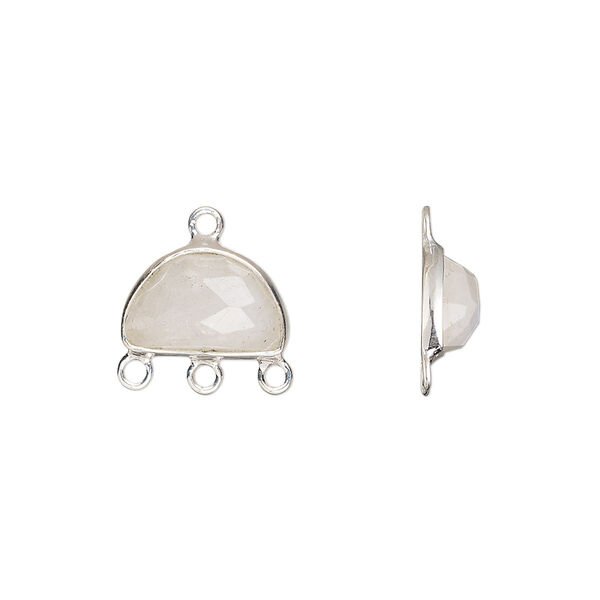 Drop, sterling silver and rainbow moonstone (natural), 13x9mm hand-cut single-sided faceted half moon with 3 closed loops, Mohs hardness 6 to 6-1/2. Sold individually. image number 0