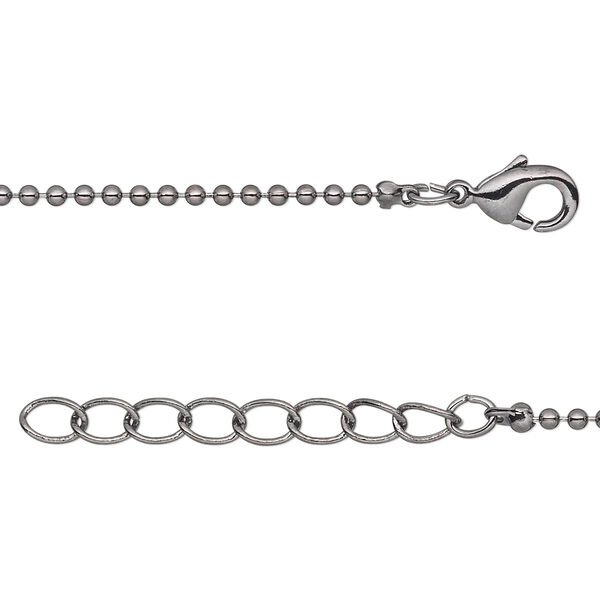 Chain, gunmetal-plated brass, 1.5mm ball, 7-1/2 inches with 1-1/4 inch extender chain and lobster claw clasp. Sold per pkg of 6. image number 0
